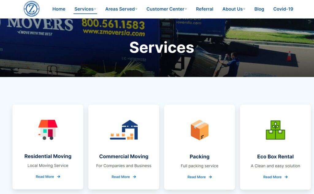 example of a services page for moving companies